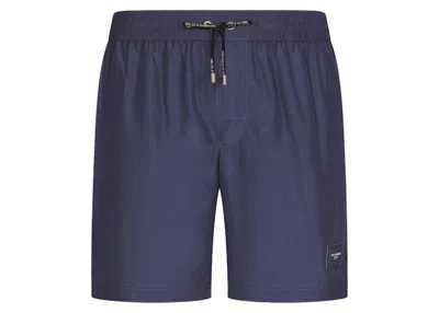 Pre-owned Dolce & Gabbana Men's  Mid Length Branded Plate Swim Trunks In Blue