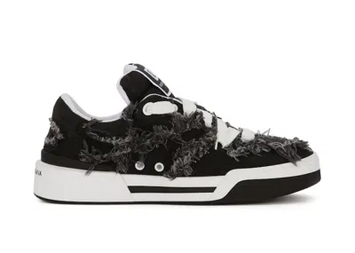 Pre-owned Dolce & Gabbana Men's  New Roma Fray Trim Sneakers In Black/white