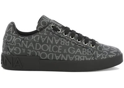 Pre-owned Dolce & Gabbana Men's  Portofino Allover Logo Sneakers In Black