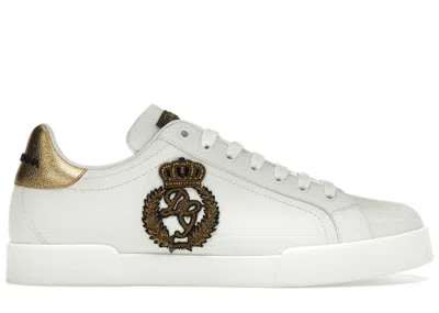 Pre-owned Dolce & Gabbana Men's  Portofino Crown Patch Sneakers In White/gold