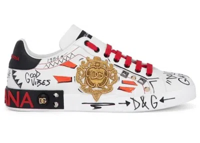 Pre-owned Dolce & Gabbana Men's  Portofino Embroidery And Studs Sneakers In White/red