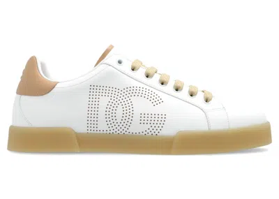 Pre-owned Dolce & Gabbana Men's  Portofino Sneaker Perforated Dg Logo Sneakers In White/cream