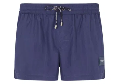 Pre-owned Dolce & Gabbana Men's  Short Branded Plate Swim Trunks In Blue