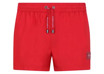 Pre-owned Dolce & Gabbana Men's  Short Branded Plate Swim Trunks In Red