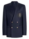 Dolce & Gabbana Men Double-breasted Wool Jacket With Patch In Blue