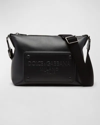 Dolce & Gabbana Men's Embossed Plaque Leather Crossbody Bag In Black