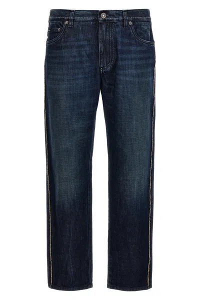 Dolce & Gabbana Men Fringed Stitching Jeans In Blue