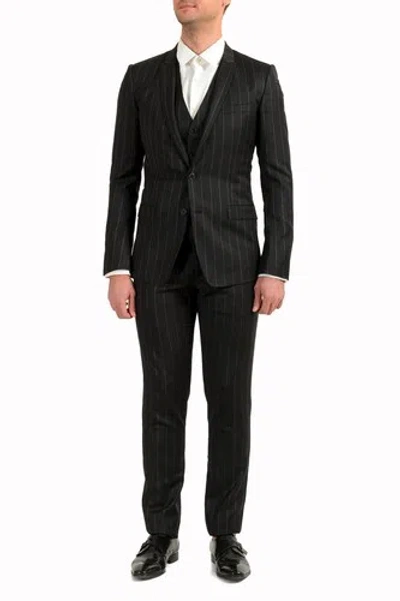 Pre-owned Dolce & Gabbana Men's "gold" 100% Wool Striped Two Button Three Piece Suit In Gray/beige