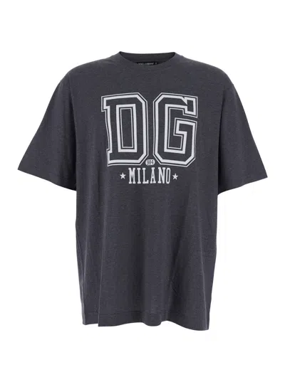 DOLCE & GABBANA DOLCE & GABBANA MEN GREY CREWNECK T-SHIRT WITH LOGO PRINT ON THE FRONT IN COTTON MAN