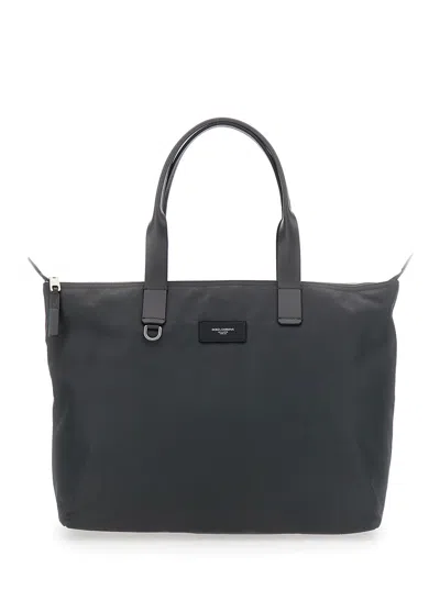 Dolce & Gabbana Men Grey Tote Bag With Two Top Handles And Logo Plaque On The Front In Tech Fabric M In Black