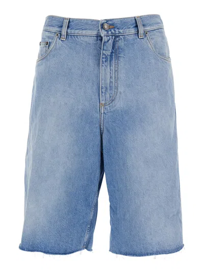 Dolce & Gabbana Blue Five-pocket Bermuda Shorts With Logo Patch On The Back In Denim Man