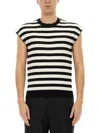 Dolce & Gabbana Black And White Sleeveless Top With Round Neck And All-over Strpied Motif In Multicolor