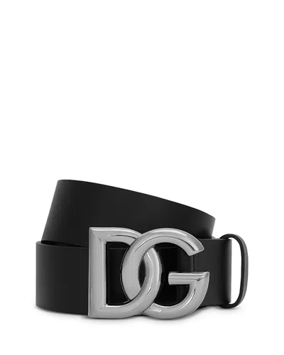 Dolce & Gabbana Men's Leather Dg Logo Pin Buckle Belt In Black/silver