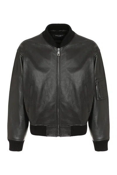 DOLCE & GABBANA MEN'S LEATHER JACKET WITH RIBBED KNIT DETAILS