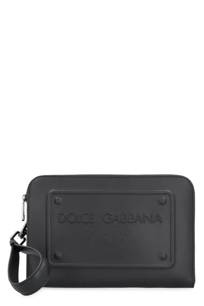 Dolce & Gabbana Men's Leather Pouch Handbag With Embossed Logo In Black