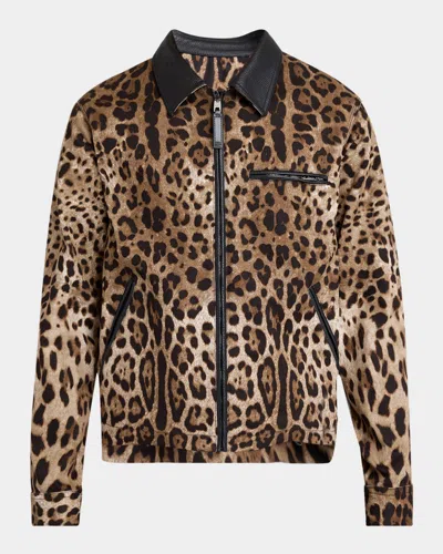 Dolce & Gabbana Men's Leopard-print Leather-trim Full-zip Jacket In Medium