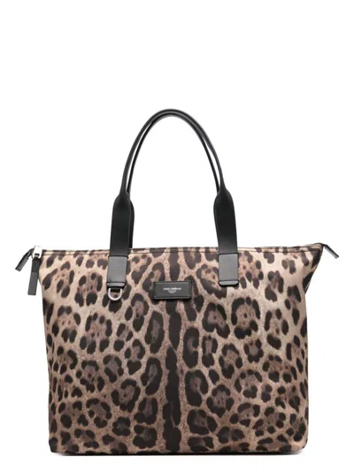 Dolce & Gabbana Men's Leopard Print Nylon Adamo Shopper In Brown