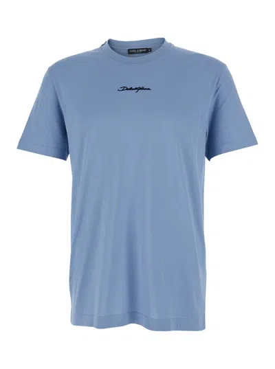 Dolce & Gabbana Men Light Blue Crewneck T-shirt With Logo Embroidery On The Front In Cotton Man In Black