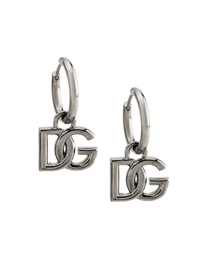Dolce & Gabbana Men's Logo Brass Hoop Earrings In Ruthenium