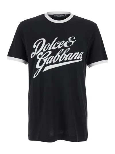 DOLCE & GABBANA DOLCE & GABBANA MEN BLACK CREWNECK T-SHIRT WITH MAXI LOGO LETTERING ON THE FRONT IN COTTON MAN
