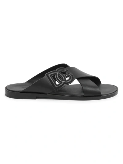 Dolce & Gabbana Men's Logo Cut-out Leather Sandals In Black