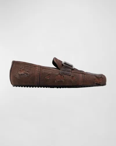 Dolce & Gabbana Men's Logo Plaque Distressed Denim Loafers In Brown