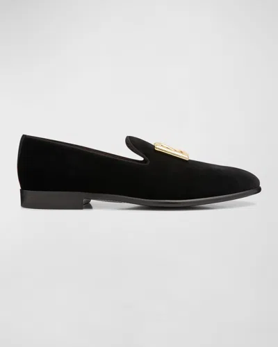 DOLCE & GABBANA MEN'S LOGO VELVET DRESS LOAFERS