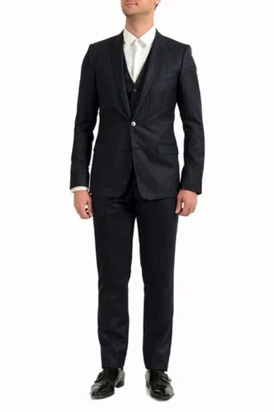 Pre-owned Dolce & Gabbana Men's "martini" 100% Wool Striped Two Button Three Piece Suit In Navy Blue/blue