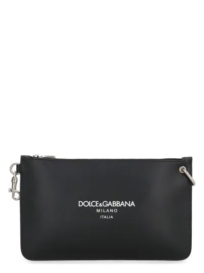Dolce & Gabbana Men's Necessaire Leather Flat Pouch In Black