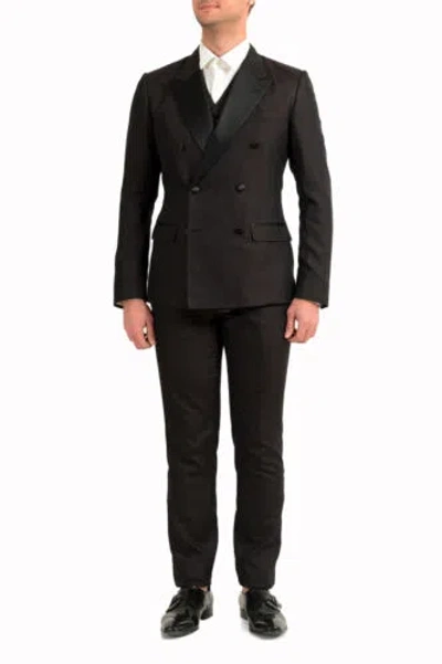 Pre-owned Dolce & Gabbana Men's Off Black Silk Double Breasted Tuxedo Three Piece Suit In Burgundy / Off Black