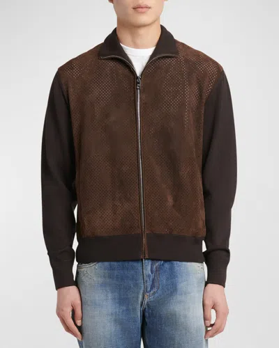 Dolce & Gabbana Men's Perforated Suede Bomber Jacket In Dark Brown