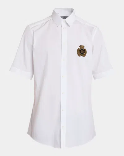 Dolce & Gabbana Men's Poplin Crest Patch Sport Shirt In White