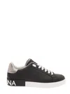 Dolce & Gabbana Portofino Black Low Top Sneakers With Metal Heel Tab And Logo Patch In Leather Man In Black