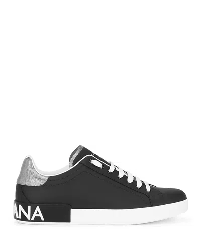 Dolce & Gabbana Portofino Sneakers In Black Leather With Silver Inserts Dolce E Gabbana