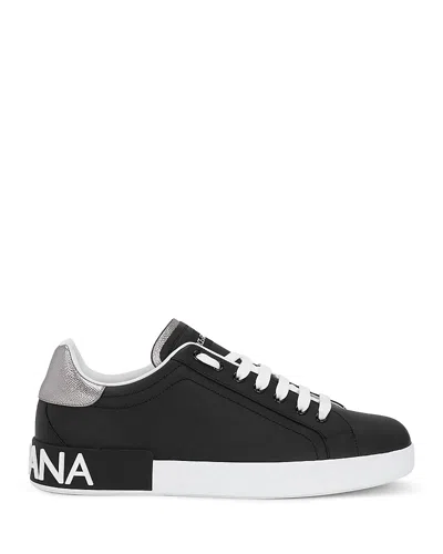 Dolce & Gabbana Portofino Sneakers In Black Leather With Silver Inserts Dolce E Gabbana