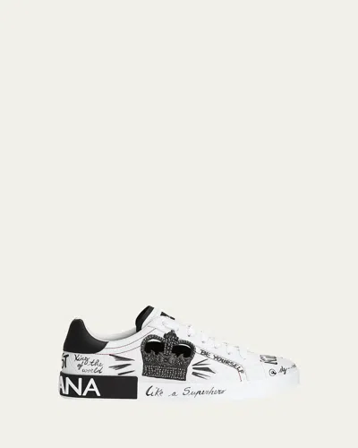 DOLCE & GABBANA MEN'S PORTOFINO PRINTED LEATHER SNEAKERS WITH PATCH