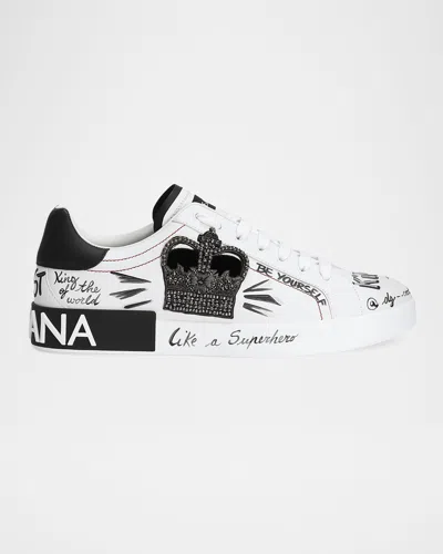 DOLCE & GABBANA MEN'S PORTOFINO PRINTED LEATHER SNEAKERS WITH PATCH
