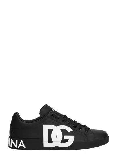 Dolce & Gabbana Men Portofino Trainer In Nappa Calfskin With Printed Dg Logo In Black