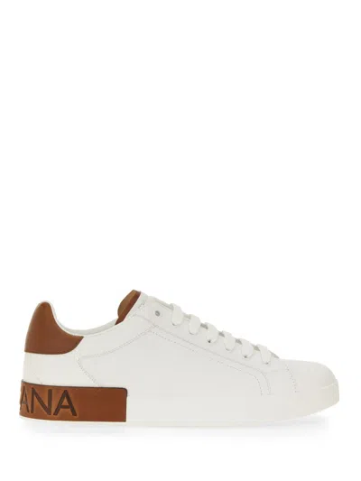 Dolce & Gabbana Portofino White Sneakers With Logo Lettering In Leather Man In Bianco E Marrone
