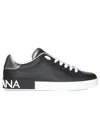 Dolce & Gabbana Portofino Sneakers In Black Leather With Silver Inserts In Black