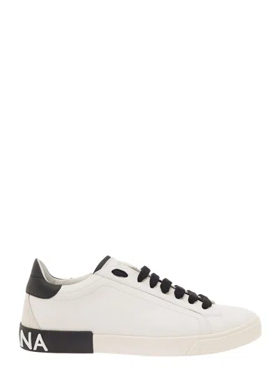 Dolce & Gabbana Men 'portofino' White Low Top Sneakers With Logo Lettering Detail In Smooth Leather