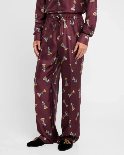 Dolce & Gabbana Men's Printed Satin Drawstring Pants In Dark Red