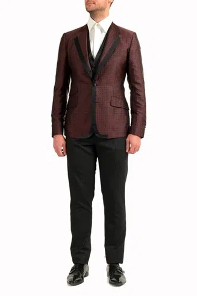 Pre-owned Dolce & Gabbana Men's Silk Wool Geometric Print Two Button Three Piece Suit In Burgundy/black