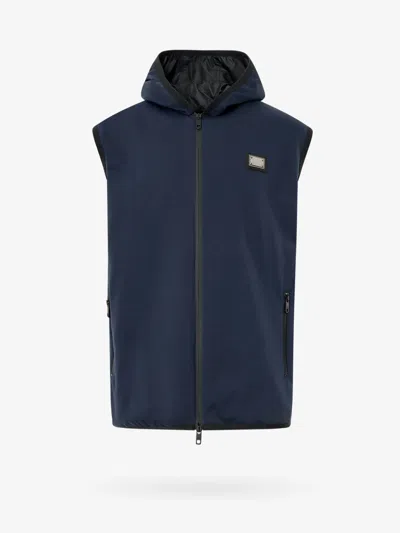 Dolce & Gabbana Men Sleeveless Jacket With Hood In Blue