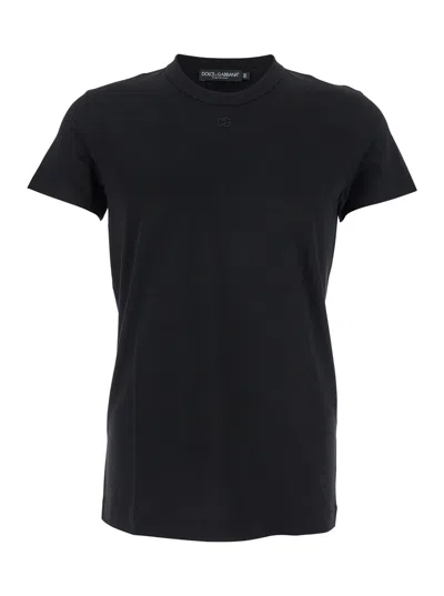 DOLCE & GABBANA DOLCE & GABBANA MEN BLACK CREWNECK T-SHIRT WITH TONAL LOGO LETTERING EMBROIDERY ON THE FRONT IN COTT