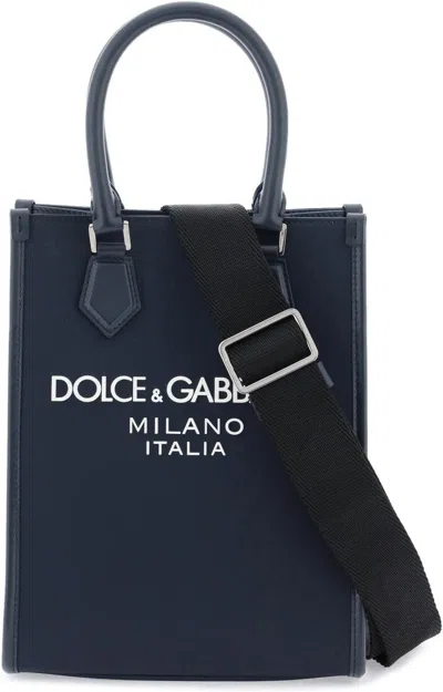 Dolce & Gabbana Men's Small Nylon Tote Bag With Logo In Blue