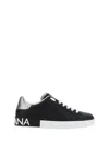 Dolce & Gabbana Portofino Sneakers In Black Leather With Silver Inserts In Black