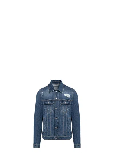 Dolce & Gabbana Destroyed Denim Jacket With Dual Buttoned Flap Pockets In Navy