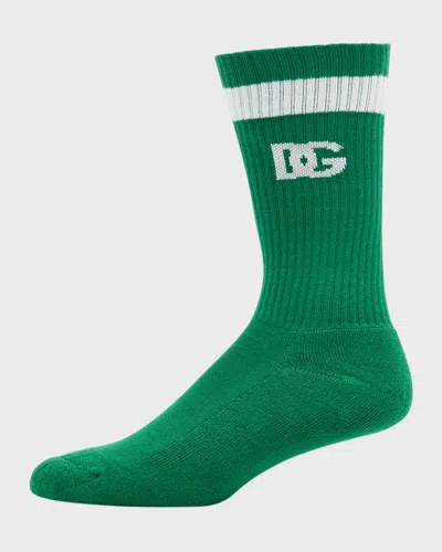 Dolce & Gabbana Men's Stripe Logo Ribbed Crew Socks In Green
