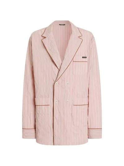 Dolce & Gabbana Crinkled Striped Fabric Shirt-style Vanity Robe In Pink